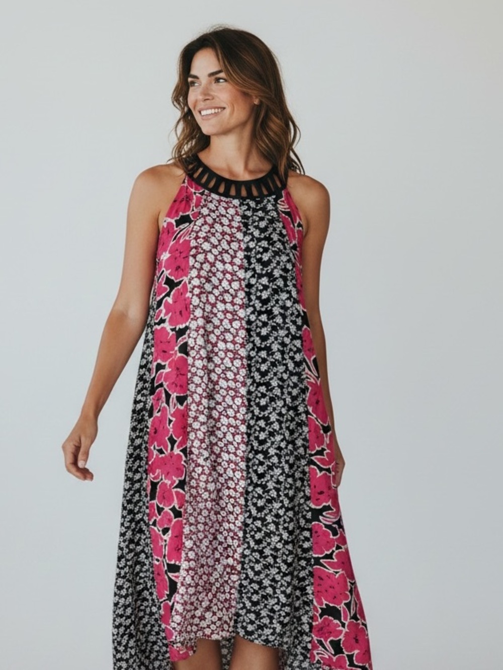 Jones New York Pink and Black Floral High-Low Midi Dress